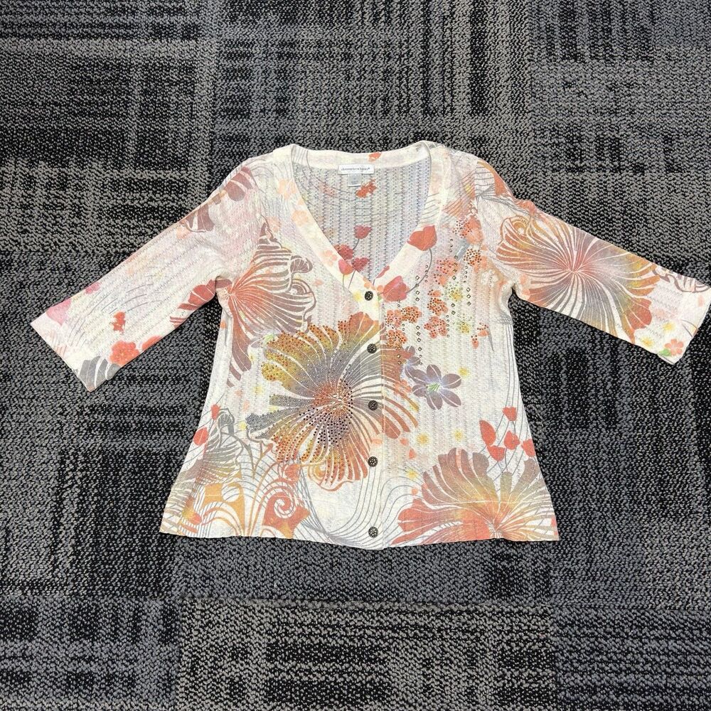 Christopher & Banks Floral Rhinestone Cardigan Women’s Medium M 3/4 Sleeve Y2K